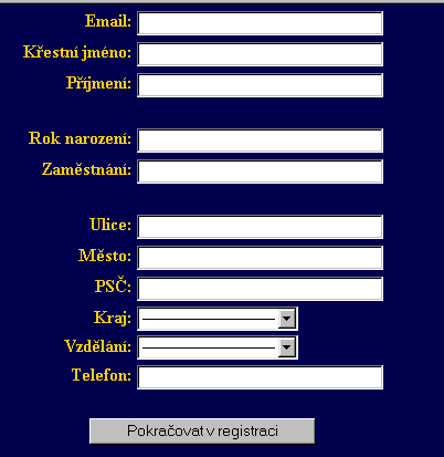 Údaje, které jsou vyžadovány při registraci